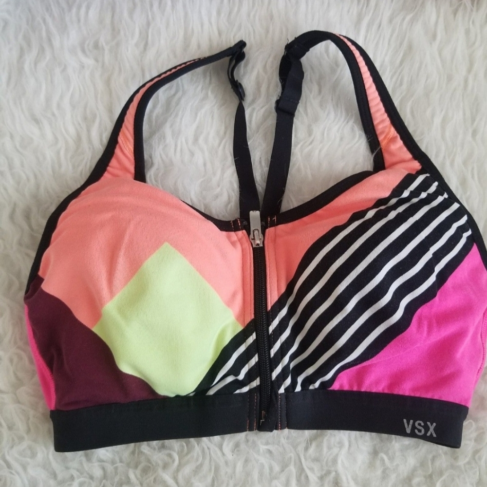 Victoria Secret Women Sports Bra 32B Pink Front Closure Zip Racerback Multicolor